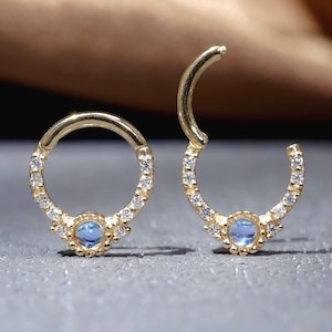 14k Solid Gold Moonstone Daith Clicker/Cluster Moissanite Septum Ring/Cartilage Conch Hoop Clicker/Gemstone Nose Ring/Huggie Hoop Earring