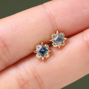 14K Solid Gold Blumen Quadrat Moosachat Ohrstecker/Ohnegleichen Pin/London Blautopas Starburst Bolzen/Conch Tragus Piercing/Labret Bolzen