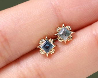 14K Solid Gold Floral Square Moss Agate Stud/Threadless Push Pin/London Blue Topaz Starburst Stud/Conch Tragus Piercing/Labret Stud