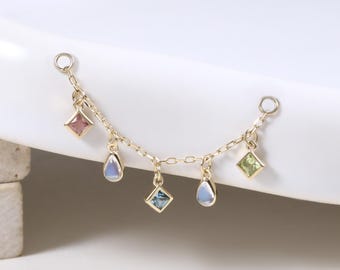 14K Solid Gold Moonstone Chain Attachment, Pink Tourmaline Cartilage Chain, Swiss Blue Topaz Dangle Chain, Peridot Piercing Chain Connector