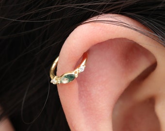 14K Solid Gold Moss Agate Clicker/Moss Agate Septum Ring/Moss Agate Cartilage Hoop/Moss Agate Nose Ring/Moss Agate Conch/Daith/Helix Hoop