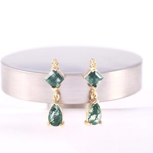 Boucles d'oreilles pendantes en or massif 14 carats avec agate mousse/puce sans fil/goujon pendants en forme de larme/clous hélicoïdaux/conque/boucle d'oreille à dos plat/puce mobile poire