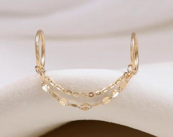14K Solid Gold Dangle Double Chain Attachment, Dainty Helix Nose Cartilage Lip Chain, Minimalist Piercing Chain Connector Jewelry