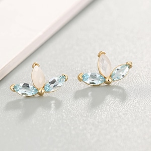 14K Solid Gold Swiss Blue Topaz Fan Stud Earring/Mother of Pearl Leaf Stud/Dainty Floral Helix Tragus Cartilage Piercing Jewelry/Summer Gift