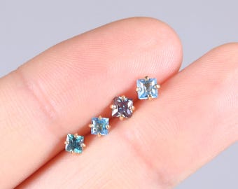 14K Solid Gold Swiss Blue Topaz & Alexandrite Stud Earring, Dainty Cartilage Helix Conch Lobe Piercing, Threadless Nose Jewelry