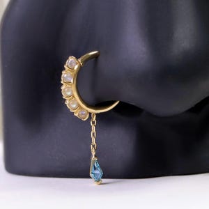 14K Solid Gold Kite London Blue Topaz Dangle Clicker/Moonstone Septum Ring/Daith Hoop/Dainty Nose Piercing/Helix Huggie Hoop Earring 16g