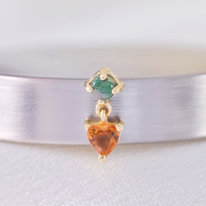 14K Solid Gold Dangle Citrine Heart Cartilage Earring/Moss Agate Drop Earring/Flat Back Earring/Helix Stud/Conch Earring/Gemstone Stud