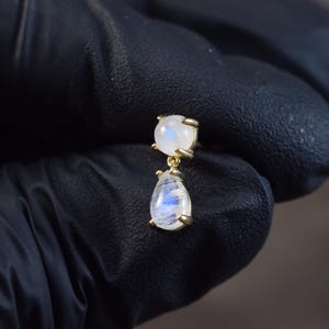 14k Solid Gold Moonstone Dangle Earring/Moonstone Drop Piercing Stud/Flat Back Earring/Threadless Cartilage Stud/Gold Conch Earring