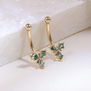 14K Solid Gold Shamrock Moss Agate Rook Earring • Curved Barbell Piercing for Conch Snug Helix • Lucky Leaf Body Jewelry 14g