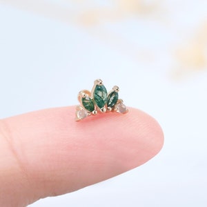 14K Solid Gold Moss Agate Climber Stud Earrings/Moonstone Floral Stud/Helix Conch Tragus Flat Piercing/Natural Marquise Green Gemstone Stud