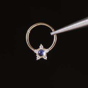 14k Solid Gold Moonstone Star Cartilage Clicker Ring/Moissanite Celestial Septum Daith Helix Piercing/Dainty Moonstone Nose Huggie Ring 18g