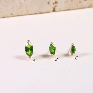 14K Solid Gold Chrome Diopside Marquise Earring/Tiny Cartilage Helix Stud/Flat Back Tragus Conch Labret Piercing/Threadless Nose Stud