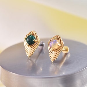 14K Solid Gold Malachite Stud Earring/Opal Feather Shape Cartilage Piercing Earring/Malachite Helix Conch Earring/Threadless Push Pin