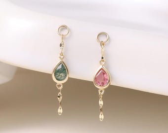 14k Gold Moss Agate & Pink Tourmaline Dangle Charm/Drop Teardrop Helix Cartilage Clicker Charm/Minimalist Lip Chain Earlobe Piercing Charm
