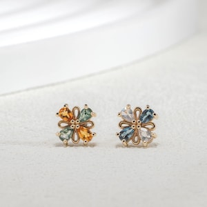 14K Solid Gold Colorful Flower Stud/Moss Agate Helix Daith Stud/Citrine Floral Stud/Blue Topaz Stud/Labradorite Conch Stud/Threadless Stud