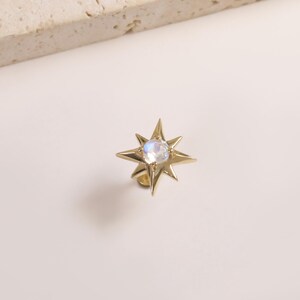 14k Solid Gold Moonstone Star Stud/Threadless Starburst Cartilage Earring/Flat Back Helix Tragus Conch Piercing/Rose Cut Gemstone Piercing