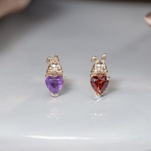 14k Solid Gold Amethyst Heart Earring/Garnet Rabbit Cartilage Piercing/Amethyst Conch Stud/Flat Back Earring/Threadless Push Pin/Nose Stud