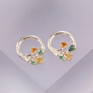 Anello da setto con agata muschiata in oro massiccio 14K, taglio a diamante, a forma di foglia con gemme multiple, anello da naso in agata muschiata, cerchio con conchiglia in citrino, anello Daith Huggie