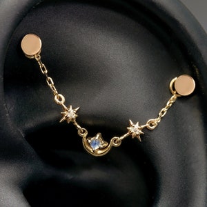 Pendiente colgante celestial de oro macizo de 14 quilates con cadena de piedra lunar en forma de estrella.