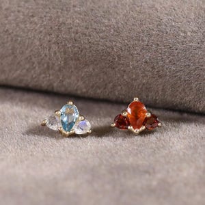 14k Solid Gold Swiss Blue Topaz Stud/Labradorite Cartilage Piercing/Threadless Fanta Orange Garnet Conch Helix Stud/Garnet Flat Back Earring
