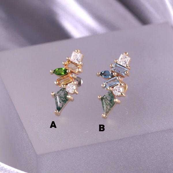 14K Solid Gold Climber Moss Agate Stud/Citrine Helix Stud/Blue Topaz Conch Earring/Threadless Push Pin Labret/Gold Helix Conch Tragus Stud