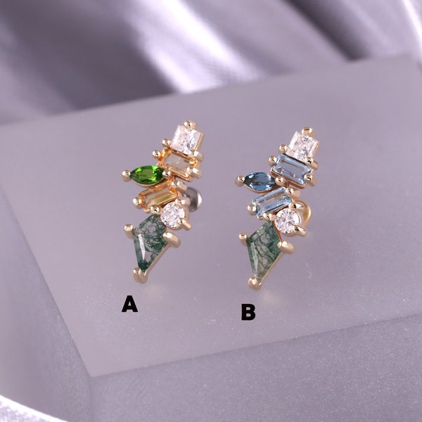 14K Solid Gold Moss Agate Climber Stud Earring, London Blue Topaz Helix Conch Piercing