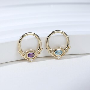 14K Solid Gold Elegant Amethyst Septum Ring/Gold Swiss Blue Topaz Cartilage Daith Earring/Dainty Nose Piercing/Huggie Hoop Clicker