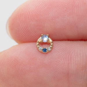 14K Solid Gold Blue Sapphire Stud Earring/Moonstone Threadless Stud/Moissanite Conch Tragus Cartilage Piercing/Gemstone Flat Back Earring