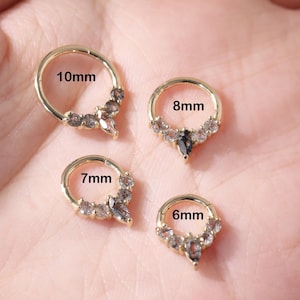 14K Solid Gold Black Rutilated Quartz Septum Hoop Clicker/Gemstone Daith Hoop/Helix Huggie Ring/Conch Hoop/ Black Rutilated Septum Ring 16g