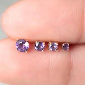 14K Solid Gold Round Cut Amethyst Stud Earring/Minimalist Multiple Size Threadless Push Pin/Cartilage Helix Conch Stud/Flat Back Earring