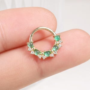 Argola de crisópraso em ouro maciço 14k com clicker/anel de septo com cartilagem de moissanita/brinco de argola de concha Daith/argola de nariz em ouro com clicker 16g/presente para ela
