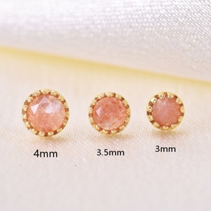 14K Solid Gold Orange Moonstone Stud Earring/Rose Cut Gemstone Stud/Flat Back Earring/Helix Conch Cartilage Round Stud/Threadless Push Pin
