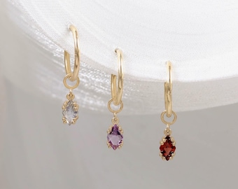 14K Solid Gold Garnet Helix Clicker Charm, Dainty Amethyst Labradorite Cartilage Hoop Charm, Dangle Rhombus Earlobe Rook Piercing Charm