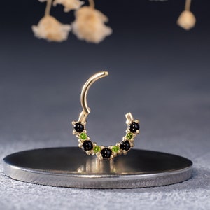 14K Solid Gold Black Onyx and Chrom Diopside Huggie Hoop Earrings/Gemstone Septum clicker Ring/Daith Tragus Piercing/Gold Helix Clicker 16g