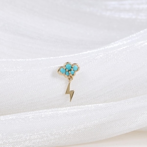 14K Solid Gold Turquoise Clouds Earring, Dangle Lightning Flat Back Stud, Drop Threadless Push Pin Labret, Conch Helix Piercing Jewelry