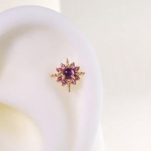 14K Solid Gold Amethyst Floral Stud/Rhodolite Garnet Starburst Cartilage Piercing/Flat Back Earring/Threadless Helix Luck Stone Earring