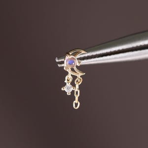 14k Solid Gold Moonstone Dangle Earring/Moissanite Moon Dangle Earring/Cartilage Drop Stud/Threadless Push Pin/Conch Helix Stud/Flat Back