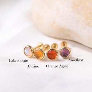 14K Solid Gold Rose Cut Gemstone Stud Earring/Threadless Push Pin Stud/Labradorite Stud/Amethyst Helix Conch Cartilage Stud/Flat Back Stud