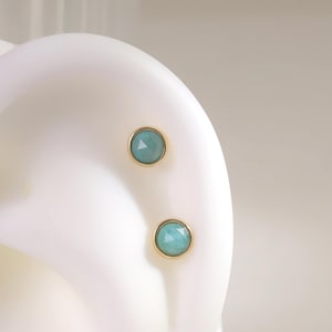 14k Solid Gold Rose Cut Amazonite Earring/Round Cartilage Stud/Minimalist Daith Helix Conch Stud/Flat Back Earring/Threadless Nose Stud