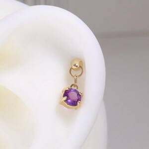 14K Solid Gold Amethyst Dangle Earring/Drop Conch Helix Daith Tragus Earring/Threadless Dangle Cartilage Piercing Stud/Flat Back Earring