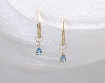 14K Solid Gold London Blue Topaz Teardrop Charm, Dainty Moissanite Helix Cartilage Clicker Charm, Minimalist Earlobe Tragus Piercing Charm