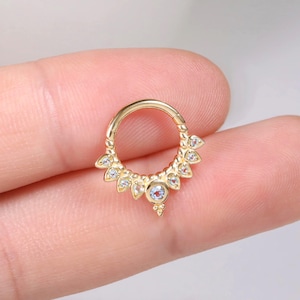 14K Solid Gold Swiss Blue Topaz Clicker Ring/Crown Design Septum Hoop/Marquise Gemstone Conch Daith Cartilage Piercing Jewelry/Nose Ring 16g