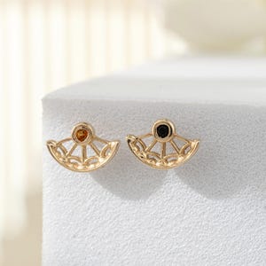 14K Solid Gold Black Onyx Citrine Earring/Delicate Fan Shape Gemstone Piercing/Cartilage Conch Helix Stud/Flat Back Earring/Threadless Stud