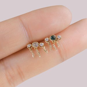 14k Solid Gold Moonstone Dangle Chain Stud/Moss Agate Cartilage Earring/Conch Helix Earlobe Piercing/Threadless Push Pin/Flat Back Earring