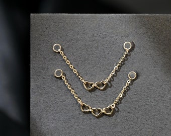 14K Solid Gold Double Heart Chain Connector, Dangle Heart Link Chain for Piercing, Cartilage Helix Earring Chain, Gold Heart Dangle Jewelry