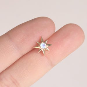 14k Solid Gold Moonstone Star Stud/Threadless Starburst Cartilage Earring/Flat Back Helix Tragus Conch Piercing/Rose Cut Gemstone Piercing