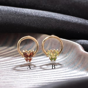 Anel de argola para septo em ouro maciço 14K, granada borboleta, peridoto, clicker, safira laranja, diópsido, anel de argola Daith, brinco Daith com pedra preciosa, anel de nariz