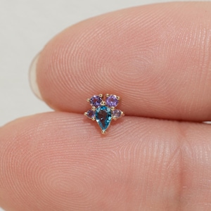 14K Solid Gold London Blue Topaz Stud Earring/Threadless Amethyst Cartilage Stud/Flat Back Gemstone Earring/Helix Tragus Conch Piercing