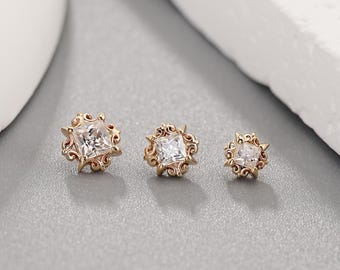 14K Solid Gold Vintage Moissanite Helix Stud Earring/Dainty Flower Cartilage Threadless Flat Back/Minimalist Earlobe Conch Tragus Piercing