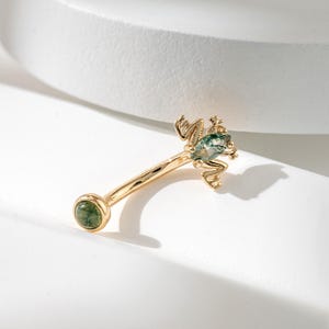 14k Solid Gold Moss Agate Frog Internally Threaded Belly Button Ring Curved Barbell Earring Eyebrow Ring Rook Snug Body Navel Piercing 16g